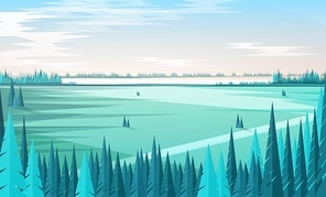 Banner template with natural scenery or landscape, green coniferous forest trees on foreground, large field, horizon line and clear sky on background. Colored vector illustration in modern flat style