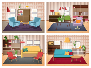 Soviet style living-room collection. Furnished apartment with domestic plants. Colorful vector illustration set
