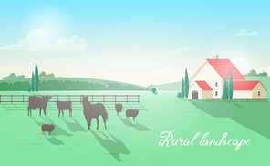 Gorgeous rural landscape with domestic animals grazing on meadow against wooden fence, farm building, green hills and clear sky on background. Beautiful pastoral scenery. Colorful vector illustration