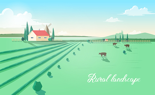 Spectacular rural landscape with farm building, windmill, cows grazing in green field against beautiful sky on background. Beautiful pastoral scenery with domestic cattle. Colored vector illustration