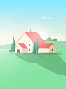 Vertical rural landscape with farm building or cottage and green field or meadow against beautiful sky on background. Gorgeous countryside scenery on sunny day. Colorful vector illustration.