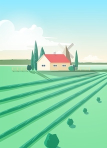 Vertical countryside landscape with agricultural building or house and plowed green field against windmill and sky with clouds on background. Natural pastoral scenery. Colored vector illustration.