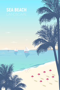 Gorgeous seascape with palm silhouettes, sand beach, pink umbrellas and sail yachts floating in ocean. Seaside landscape with sandy seashore and boats on horizon. Exotic journey. Vector illustration