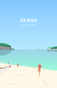 Seascape with people walking on sand beach and sail boats floating in azure sea. Seaside landscape with ocean coast and yachts on horizon. Summer vacation, tropical resort. Vector illustration