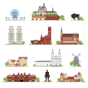 Set of Belarus country buildings, famous places in flat style, illustration collection.