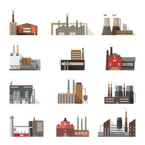 Set of industrial factory and plant buildings. Collection manufacturers with smoking chimneys. Vector colorful illustration in flat style