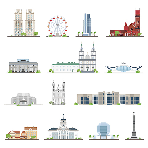 Set of Minsk city buildings, famous places in flat style, illustration collection.