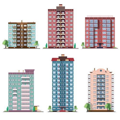 Set of different panel residential houses. collection of colorful vector flat illustration