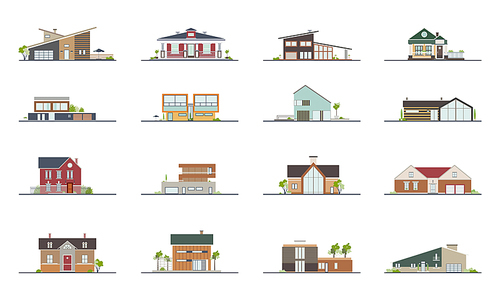 Set of different styles residential houses. Colorful flat vector illustration, Collection building villa, cottage, mansion.
