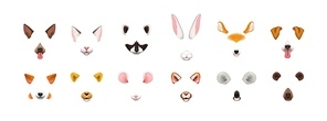 Collection of video chat application effects. Bundle of cute and funny faces or masks of various animals - dog, cat, fox, raccoon, rabbit, koala, bear, mouse, deer. Colorful vector illustration.