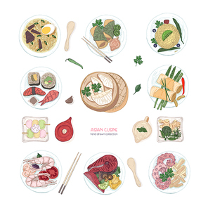 Collection of hand drawn colorful dishes of Asian cuisine isolated on white background. Delicious meals and snacks, traditional food of Asia - ramen noodles, dumplings, sushi. Vector illustration