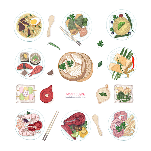 Collection of hand drawn colorful dishes of Asian cuisine isolated on white . Delicious meals and snacks, traditional food of Asia - ramen noodles, dumplings, sushi. Vector illustration