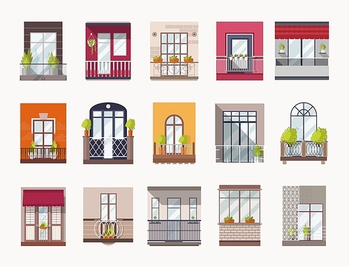 Collection of windows and balconies of modern and old-fashioned styles. Bundle of elegant building decorations, architectural elements or exterior details. Flat colorful vector illustration.