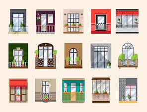Balconies set. Collection with building facade elements in vintage and modern style. vector flat illustration