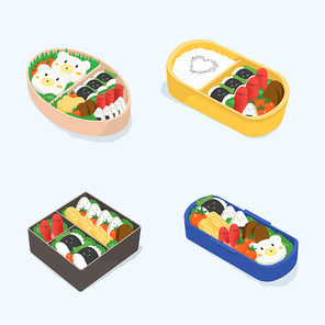Set of different bento. Japanese lunch boxes collection. Funny cartoon food. Isometric colorful vector illustration