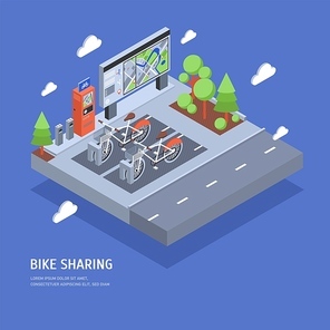 Pair of bikes parked at docking station on city street, payment terminal, stand with map, trees and road. Public bicycle sharing scheme or rental system. Colorful isometric vector illustration.