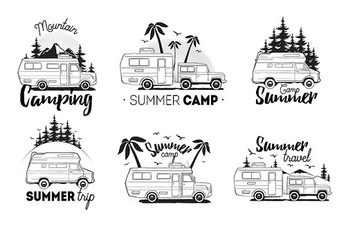 Set of camping trailer logo. camper vans against landscape background with lettering mountain, summer camp, trip. Black and white composition collection