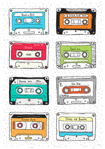Set of plastic cassette, audio tape with different music, Hand drawn retro illustration.
