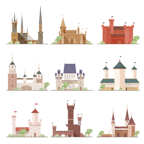 Castles and fortresses set. Flat cartoon style vector illustrations collection