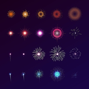 Set of fireworks bursting in sky. Collection of festive bright colored flashing lights. Bundle of celebratory design elements isolated on dark background. Colorful vector illustration for animation.