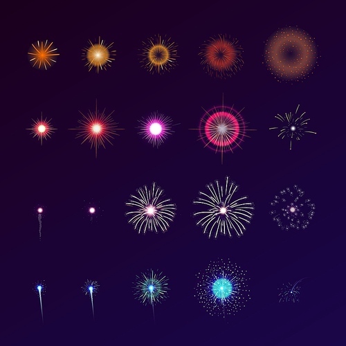 Set of fireworks bursting in sky. Collection of festive bright colored flashing lights. Bundle of celebratory design elements isolated on dark background. Colorful vector illustration for animation.