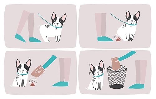 How to pick up dog poop using plastic bag and throw it in trash can, step-by-step manual or instruction. Way of cleaning up after pet during daily walk. Cute cartoon colorful vector illustration.