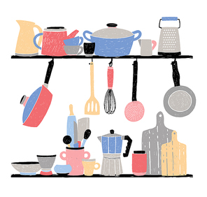Kitchenware on shelf. Hand drawn vector illustration on white background.