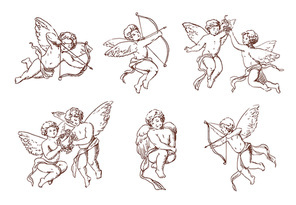 Set of different vintage cupid. Various flying angels with arrows and bow collection. Vector monochrome amur hand drawn illustration