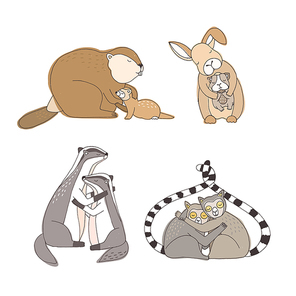 Collection of hugging cartoon animals isolated on white  - rabbit, beaver, ferret, guinea pig, lemurs, badgers. Bundle of cute embracing loving couples. Colorful vector illustration.