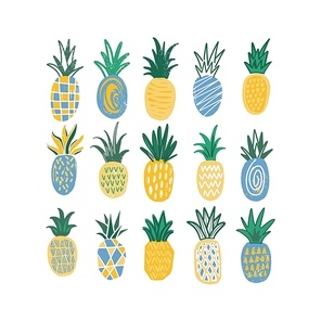 Set of stylized pineapples of various texture isolated on white . Bundle of tropical fresh juicy fruits. Colored hand drawn vector illustration in trendy doodle style for T-shirt