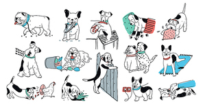 Set of problem with bad dog behaviour collection. Silly puppy barks, run off, goes to the toilet, digs in the garbage. Colorful doodle set. Cute vector hand drawn illustrations on white background