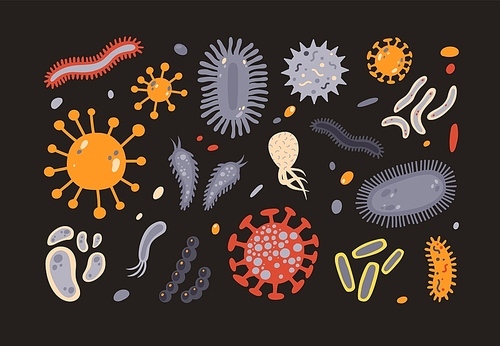 Collection of various microorganisms isolated on black background. Set of germs, pathogens, protozoa, microbes. Bundle of disease causing bacteria and viruses. Colorful flat vector illustration.