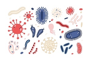Set of different microorganisms isolated on white . Collection of infectious germs, protists, microbes. Bundle of disease causing bacteria, viruses. Bright colored flat vector illustration.