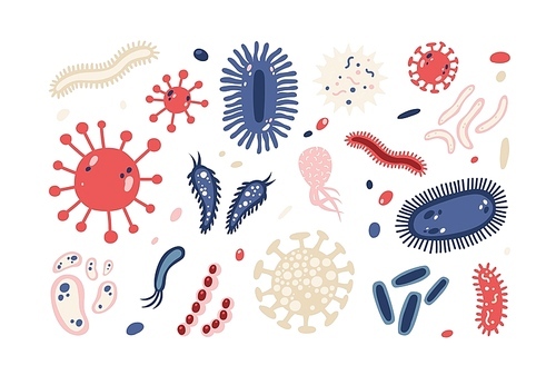 Set of different microorganisms isolated on white . Collection of infectious germs, protists, microbes. Bundle of disease causing bacteria, viruses. Bright colored flat vector illustration.