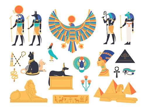Ancient Egypt collection - gods, deities and mythological creatures from Egyptian mythology and religion, sacred animals, symbols, architecture and sculpture. Colored flat cartoon vector illustration