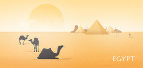 Gorgeous Egypt desert landscape with silhouettes of camels standing and lying against Giza pyramid complex, statue of Great Sphinx and large scorching sun on background. Colorful vector illustration