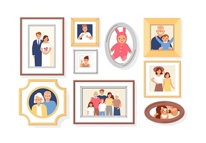 Collection of photos of family members or relatives and events in frames. Bundle of framed wall pictures or photographs with smiling people depicted on them. Colorful cartoon vector illustration.