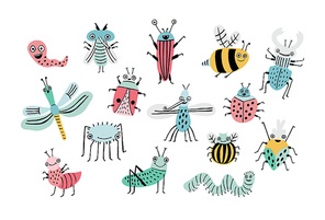 Funny bug set. Collection happy cartoon insects. Colorful hand drawn illustration