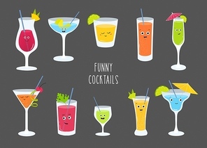 Set of colorful alcohol and soft drinks, cocktail, smoothies, lemonades with cute smiling faces. Bundle of tasty funny beverages isolated on dark background. Vector illustration in flat cartoon style