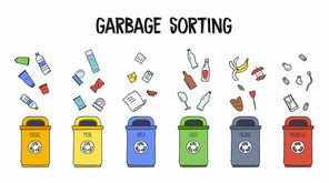 Garbage sorting concept. Trash cans with different types of garbage. Colorful hand drawn doodle illustration