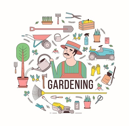 Circular composition with gardening tools or equipment and farmer or agricultural worker holding watering can in center. Decorative design element. Creative modern colorful vector illustration