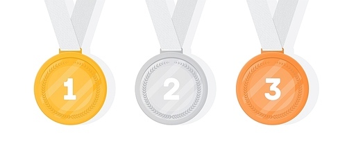Set of gold, silver and bronze medals. Collection of winner or champion prizes or rewards for sports game competition, tournament, contest or championship. Colorful vector illustration in flat style.