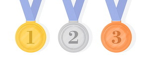 Gold, silver and bronze award medals with ribbons. First, second and third places