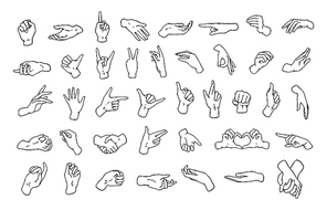 Set of various hand gestures, symbols shown with palm and fingers drawn with black contour lines on white background. Non-verbal or manual communication, body language. Monochrome vector illustration