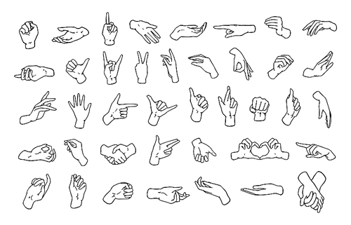 Set of various hand gestures, symbols shown with palm and fingers drawn with black contour lines on white background. Non-verbal or manual communication, body language. Monochrome vector illustration