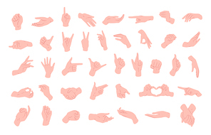 Collection of different hand gestures, signs shown with palm and fingers isolated on white background. Non-verbal or manual communication, emotional expressions, body language. Vector illustration