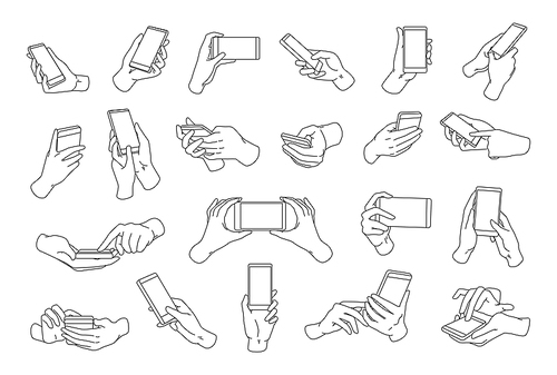 Collection of hands holding modern smartphone drawn with black contour lines. Bundle of outline drawings of palms and phones isolated on white . Vector illustration in monochrome colors