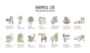 Horizontal banner with naughty cat doing various things - stealing food, scratching furniture, gnawing wires, throwing off items. Bad behavior of domestic animal or pet. Colorful vector illustration