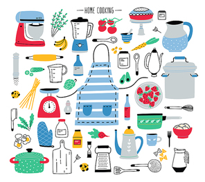 Collection of hand drawn kitchen utensils, manual and electric tools for home cooking, cookware, food ingredients, spices and homemade meals isolated on white . Colorful vector illustration