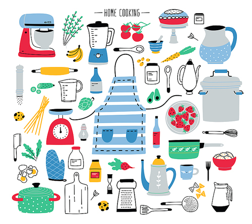 Collection of hand drawn kitchen utensils, manual and electric tools for home cooking, cookware, food ingredients, spices and homemade meals isolated on white . Colorful vector illustration